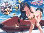  2girls animal_costume animal_ears animal_print badluck2033 believe_(umamusume) bikini black_hair blunt_bangs bobsled breasts brown_hair calstone_light_o_(umamusume) character_request cleavage commentary_request commission gold_bikini horse_ears horse_girl horse_tail large_breasts looking_at_viewer multicolored_eyes multiple_girls outdoors skeb_commission standing swimsuit tail tiger_costume tiger_print umamusume 