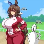  1girl 1other admire_vega_(umamusume) alternate_breast_size_(larger) animal_ears blue_sky breasts brown_hair brown_tail closed_mouth cloud cloudy_sky commentary day ear_covers hair_between_eyes hand_on_own_hip hands_on_own_hips height_difference highres horse_ears horse_girl horse_racing_track huge_breasts jacket long_hair looking_to_the_side low_ponytail outdoors pants ponytail red_eyes red_jacket red_pants seireiart single_ear_cover sky t-head_trainer_(umamusume) tall_female tracen_training_uniform track_jacket track_pants trainer_(umamusume) umamusume 