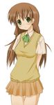  arms_behind_back brown_hair green_eyes long_hair lowres original pleated_skirt school_uniform simple_background skirt solo sweater sweater_vest tamaru_tokihiko vest white_background 