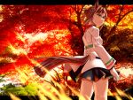  1girl animal_ears autumn_leaves belt black_skirt brown_hair clenched_hand closed_mouth clover_hair_ornament clover_print commentary_request fine_motion_(noble_seamair)_(umamusume) fine_motion_(umamusume) gloves green_belt green_eyes hair_between_eyes hair_bun hair_ornament horse_ears horse_girl horse_tail jacket leaf long_sleeves maple_leaf multicolored_hair peeta single_hair_bun skirt solo tail textless_version tree umamusume white_gloves white_hair white_jacket 