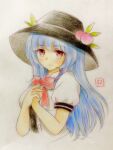  1girl black_hat blue_hair blush bow bowtie breasts collared_shirt commentary_request grey_background hand_over_heart hands_up hashtag-only_commentary hat hinanawi_tenshi medium_breasts one-hour_drawing_challenge own_hands_together peach_hat_ornament puffy_short_sleeves puffy_sleeves q-bee_(aaru) red_bow red_bowtie red_eyes shirt short_sleeves smile solo touhou traditional_media upper_body white_shirt 