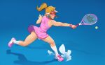  1boy absurdres ball blue_eyes brown_hair bulge combos_&amp;_doodles commentary cosplay crossdressing crossdressing_(mtf) dress earrings english_commentary full_body highres jewelry link male_focus mario_(series) mario_tennis panties pink_dress pink_shoes ponytail princess_peach princess_peach_(cosplay) princess_peach_(sports_dress) racket scar shadow shoes short_dress simple_background solo sphere_earrings tennis tennis_ball tennis_racket the_legend_of_zelda the_legend_of_zelda:_breath_of_the_wild underwear visor_cap 