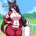  1girl 1other ahoge alternate_breast_size_(larger) animal_ears black_hair black_nails blue_sky blunt_ends breasts closed_mouth cloud cloudy_sky commentary day fingernails hair_between_eyes hand_on_own_hip hands_on_own_hips height_difference highres horse_ears horse_girl horse_racing_track huge_ahoge jacket large_breasts long_hair long_hair_between_eyes manhattan_cafe_(umamusume) nail_polish outdoors pants partially_shaded_face red_jacket red_pants seireiart sky t-head_trainer_(umamusume) tall_female tracen_training_uniform track_jacket track_pants trainer_(umamusume) umamusume wide_hips yellow_eyes 
