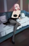  1girl absurdres black_dress black_pantyhose blush breasts doublemengu dress glasses hashtag-only_commentary highres large_breasts looking_at_viewer pantyhose pink_eyes pink_hair sitting smile solo thighband_pantyhose tsukishiro_yanagi zenless_zone_zero 