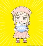 1boy :p apron aqua_eyes bowl chibi colored_eyelashes commentary_request ear_piercing food food_on_face frilled_apron frills full_body highres holding holding_bowl long_hair long_sleeves male_focus multicolored_eyes niko20223 piercing pink_apron pink_hair rice rice_bowl rice_on_face sanzu_haruchiyo scar scar_on_face scar_on_mouth simple_background standing tokyo_revengers tongue tongue_out two-tone_eyes yellow_background yellow_eyes 