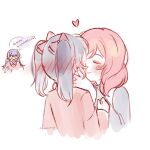  3girls black_hair blue_hair blue_shirt blush bow clenched_hand closed_eyes closed_mouth collared_shirt colored_speech_bubble full-face_blush hair_bow hand_on_another's_cheek hand_on_another's_face heart highres imminent_kiss long_hair long_sleeves love_live! love_live!_school_idol_project medium_hair missladysheep multiple_girls nishikino_maki open_mouth red_bow red_hair red_shirt shirt short_twintails smile sonoda_umi speech_bubble twintails watermark white_background yazawa_nico yuri 