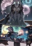  1boy 1other absurdres aerial_fireworks aqua_hair aqua_skirt arms_behind_back bad_end black_jacket blurry blurry_background breasts cellphone commentary cropped_jacket english_commentary firefly_(honkai:_star_rail) fireworks glowing_veins gradient_hair grey_hair highres holding holding_fireworks holding_phone honkai:_star_rail honkai_(series) huybu51 jacket juxtaposition large_breasts long_hair multicolored_hair multiple_girls night phone pov pov_hands shirt skirt smartphone smile solo_focus viewer_holding_phone white_shirt 