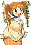  :d artist_request blush drill_hair long_hair long_sleeves looking_at_viewer onegai_my_melody open_mouth orange_eyes orange_hair plaid simple_background smile solo translated twin_drills twintails white_background yumeno_uta 