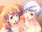  2girls aniyome_dakara blush brown_hair censored cum cum_on_hair facial machiru multiple_girls penis purple_eyes shirai_hina shirai_urara silver_hair 