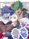  3boys :d ash_(pop'n_music) bandage_over_one_eye bandaged_chest bemani black_jacket blue_hair blue_skin chibi chibi_inset collared_shirt colored_skin covered_eyes crossed_arms deuil facing_viewer frown green_hair grin hair_between_eyes hair_over_eyes hashtag-only_commentary highres hug jacket jewelry looking_at_viewer male_focus multiple_boys necklace pointy_ears pop'n_music red_eyes salute shirt short_hair smile smile_(pop'n_music) white_eyeshadow white_hair white_shirt yattazetkhs yuli_(pop'n_music) 