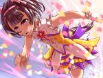  1girl animal_ears blush bow breath brown_hair commentary_request dress ear_covers hair_ornament hairband horse_ears horse_girl horse_tail motion_blur nishino_flower_(tiered_petal)_(umamusume) nishino_flower_(umamusume) open_mouth peeta petals pink_hairband purple_eyes running short_hair sleeveless sleeveless_dress solo tail textless_version umamusume wrist_cuffs x_hair_ornament yellow_dress 