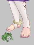  1girl anklet commentary feet feet_only foot_focus from_behind gold_anklet grey_background highres jager jewelry moriya_suwako nail_polish no_shoes purple_nails purple_skirt simple_background skirt socks solo standing stirrup_legwear toeless_legwear toenail_polish toenails toes touhou untranslatable_commentary white_socks 