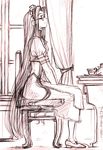  apron arm_garter artist_name bad_id bad_source chair closed_eyes cup curtains dress fate/stay_night fate_(series) glasses long_hair maid maid_headdress mike156 monochrome profile rider sitting sketch smile solo source_request table teacup teapot transparent_background very_long_hair window 