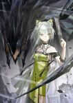  1girl animal_ear_fluff animal_ears arknights bare_shoulders clipboard closed_mouth commentary cowboy_shot debris dress expressionless green_dress green_eyes grey_dress grey_hair halter_dress halterneck hand_up highres holding holding_clipboard kal'tsit_(arknights) kuthi0510 long_hair mon3tr_(arknights) mon3tr_(summon)_(arknights) off_shoulder rhodes_island_logo_(arknights) see-through_clothes see-through_sleeves solo standing 