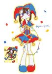  1girl artist_name asymmetrical_clothes asymmetrical_eyelashes asymmetrical_gloves blue_eyes blue_gloves blue_hat blue_shoes blush_stickers brown_hair closed_mouth commentary_request dress full_body gloves hat hat_ribbon highres jester_costume looking_at_viewer mismatched_shoes multicolored_eyes multicolored_gloves multicolored_shoes nyaki_nyakki pomni_(the_amazing_digital_circus) red_eyes red_gloves red_hat red_shoes ribbon shoes sidelocks sleeveless sleeveless_dress smile solo standing the_amazing_digital_circus two-tone_eyes two-tone_gloves two-tone_hat two-tone_shoes 