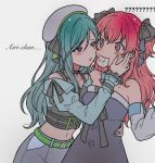  2girls ? ?? bare_shoulders belt blue_eyes blue_hair blue_shirt blush commentary crop_top dress english_commentary foxeatcrow green_nails grey_hat hand_on_another's_face hat hinomori_shizuku jewelry long_hair midriff mixed-language_commentary momoi_airi multiple_girls official_alternate_costume open_up_new_horizons!_(project_sekai) pink_eyes pink_hair project_sekai purple_dress ring shirt strapless strapless_dress sweat two_side_up yuri 