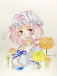  1girl blue_dress blue_hat blush breasts commentary_request dress flower frilled_shirt_collar frills hashtag-only_commentary hat lips long_sleeves medium_breasts mob_cap multiple_girls one-hour_drawing_challenge open_mouth orange_flower orange_rose pink_eyes pink_hair q-bee_(aaru) rose saigyouji_yuyuko see-through_clothes see-through_veil short_hair smile solo touhou traditional_media triangular_headpiece twitter_username upper_body veil yellow_background yellow_flower yellow_rose 