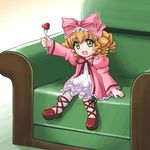  :d armchair artist_request blonde_hair bow chair doll drill_hair duplicate food fork fruit green_eyes hair_ribbon hina_ichigo long_sleeves lowres object_namesake open_mouth pink_bow red_footwear ribbon rozen_maiden shoes sitting smile solo source_request strawberry 