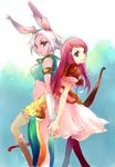  animal_ears artist_request back-to-back bow_(weapon) bunny_ears final_fantasy final_fantasy_tactics_advance holding_hands multiple_girls pantyhose parted_lips ritz_malheur shara smile source_request viera weapon 