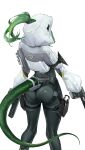  1girl absurdres arknights arknights:_endfield ass black_bodysuit bodysuit chinese_commentary commentary_request fluorite_(arknights) from_behind green_hair green_tail gun hair_through_hood handgun highres holding holding_gun holding_weapon holster hood hood_up hooded_shrug lizard_tail reptile_girl shen_yu233 shrug_(clothing) simple_background snake_girl snake_tail solo tail trigger_discipline weapon white_background white_shrug 