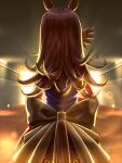  1girl animal_ears black_bow blue_dress bow brown_hair commentary_request dress fascinator from_behind horse_ears horse_girl horse_tail long_hair long_sleeves peeta rice_shower_(rosy_dreams)_(umamusume) rice_shower_(umamusume) solo tail textless_version tunnel umamusume 