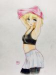 1girl armpits arms_up black_pants black_sports_bra blonde_hair blush breasts cleavage commentary_request feet_out_of_frame from_side green_eyes grey_background hashtag-only_commentary highres looking_to_the_side medium_breasts mizuhashi_parsee one-hour_drawing_challenge open_mouth pants pink_shirt pointy_ears q-bee_(aaru) shirt short_hair skirt smile solo sports_bra stomach touhou traditional_media undressing white_skirt 