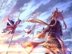  1girl animal_ears black_robe black_thighhighs braid braided_hair_rings brown_hair cloud commentary_request flagpole hair_rings hat holding holding_unworn_clothes holding_unworn_hat horse_ears horse_girl horse_tail japanese_flag long_hair missing_headwear outdoors peeta robe skirt sky solo sunset sweep_tosho_(platanus_witch)_(umamusume) sweep_tosho_(umamusume) tail textless_version thighhighs twintails umamusume union_jack unworn_hat unworn_headwear white_skirt witch_hat 