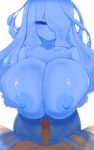  1boy 1girl absurdres blue_skin breasts breasts_squeezed_together censored colored_skin commentary_request erection hair_over_one_eye hetero highres hikyou_takarasou huge_breasts imminent_paizuri liquid_hair long_hair looking_at_viewer monster_girl nipples original penis pov pov_crotch pov_legs purple_eyes simple_background slime_(creature) slime_(substance) slime_girl solo_focus twitching_penis white_background 