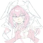  1girl animal_hood arknights blush commentary_request crownslayer_(arknights) dopperu_ben extra_ears fingerless_gloves gloves hair_ornament hairclip heart heart_hands highres hood hood_up hooded_jacket jacket open_clothes open_jacket partially_colored red_eyes red_hair red_theme shirt short_hair simple_background solo sweatdrop upper_body v-shaped_eyebrows wavy_mouth white_background 