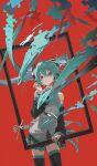  1girl aqua_eyes aqua_hair aqua_necktie bare_shoulders black_boots black_skirt boots commentary cowboy_shot detached_sleeves hatsune_miku highres kieed long_hair looking_at_viewer miniskirt necktie picture_frame pleated_skirt puzzle red_background skirt solo thigh_boots twintails untranslatable_commentary vocaloid 