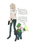  1boy 1girl backpack bag bandaged_arm bandaged_torso bandages black_boots black_hair black_pants black_shoes blonde_hair blue_eyes blue_overalls boots breasts crossover crying dingnin98201637 english_text facial_hair flashlight flying_sweatdrops gloves grace_ashcroft green_hat green_shirt gun hand_to_own_mouth handgun hashtag-only_commentary hat highres holding holding_flashlight holding_gun holding_weapon luigi luigi's_mansion luigi's_mansion_3 mario_(series) medium_breasts mustache open_mouth overalls pants resident_evil resident_evil_requiem scared shirt shoes short_hair short_sleeves speech_bubble swept_bangs tears trait_connection watch wavy_mouth weapon white_background white_gloves white_shirt wristwatch 