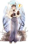  ! 1girl axe blue_pants breasts commentary_request cup denim eating gloves goddess_of_victory:_nikke head-mounted_display highres holding holding_cup holding_spoon hood hoodie jeans log long_hair looking_at_viewer mug pants snow_white_(nikke) spoken_exclamation_mark spoon turtleneck visor_lift white_hair white_hoodie woozoo yellow_eyes 