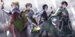  4boys absurdres amaki_ren arm_shield armor belt black_armor black_belt black_coat black_gloves black_hair black_shirt blonde_hair blue_eyes blue_gloves blue_scarf blue_shirt boots bow_(weapon) breastplate bridal_gauntlets brown_armor brown_boots brown_bridal_gauntlets brown_gloves brown_shirt brown_tabard cape caramelo_game cloak coat commentary_request double-parted_bangs dust_cloud elbow_gloves feet_out_of_frame fingerless_gloves floating_cape floating_clothes floating_scarf from_behind frown fur-trimmed_armor fur-trimmed_boots fur-trimmed_gloves fur-trimmed_hood fur_trim gloves glowing_gem green_cape green_cloak green_eyes green_pants grey_armor hair_between_eyes highres holding holding_bow_(weapon) holding_polearm holding_shield holding_sword holding_weapon hood hood_down hooded_cape hooded_cloak iwatani_naofumi kawasumi_itsuki kitamura_motoyasu knee_boots layered_shirt leather_armor legendary_bow_(small_bow)_(tate_no_yuusha_no_nariagari) legendary_bow_(tate_no_yuusha_no_nariagari) legendary_shield_(small_shield)_(tate_no_yuusha_no_nariagari) legendary_shield_(tate_no_yuusha_no_nariagari) legendary_spear_(small_spear)_(tate_no_yuusha_no_nariagari) legendary_spear_(tate_no_yuusha_no_nariagari) legendary_sword_(small_sword)_(tate_no_yuusha_no_nariagari) legendary_sword_(tate_no_yuusha_no_nariagari) light_rays long_sleeves looking_at_viewer looking_to_the_side male_focus medium_hair messy_hair multicolored_coat multicolored_gloves multiple_boys muneate pants parted_bangs pauldrons pinstripe_pants pinstripe_pattern polearm ponytail red_cape reverse_grip scarf serious shield shin_guards shirt short_hair short_ponytail short_sleeves shoulder_armor single_pauldron spear spiked_pauldrons spikes straight_hair sword tabard tassets tate_no_yuusha_no_nariagari turtleneck turtleneck_shirt two-tone_coat two-tone_gloves v-shaped_eyebrows weapon white_coat white_pants white_shirt 