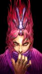  2boys black_background diavolo floating_hair green_eyes hashtag-only_commentary highres jg2iqo jojo_no_kimyou_na_bouken looking_at_viewer male_focus multiple_boys pants pink_hair purple_sweater spotted_hair sweater turtleneck turtleneck_sweater vento_aureo vinegar_doppio 