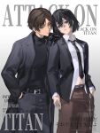  1boy 1girl belt belt_buckle black_belt black_gloves black_hair black_jacket black_necktie black_pants black_shirt breasts brown_hair brown_pants buckle chain_belt closed_mouth collared_shirt copyright_name couple cover cowboy_shot eren_yeager gloves gradient_background green_eyes grey_background grey_eyes hair_between_eyes hand_in_pocket hand_on_another's_shoulder hashtag-only_commentary hetero highres jacket jewelry magazine_cover medium_breasts midriff_peek mikasa_ackerman multiple_rings necktie pairing_name pants parted_bangs parted_lips ring scar scar_on_cheek scar_on_face shingeki_no_kyojin shirt short_hair suit_jacket survey_corps_(emblem) turtleneck white_shirt yun_(dl2n5c7kbh8ihcx) 
