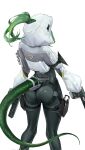  1girl arknights arknights:_endfield ass black_bodysuit bodysuit commentary_request fluorite_(arknights) from_behind green_hair green_tail gun hair_through_hood handgun highres holding holding_gun holding_weapon holster hood hood_up hooded_shrug lizard_tail reptile_girl shen_yu233 shrug_(clothing) simple_background snake_girl snake_tail solo tail trigger_discipline weapon white_background white_shrug 