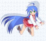  :3 ahoge blue_hair green_eyes izumi_konata kneeling long_hair lucky_star pink_neckwear princess_spirit red_skirt ryouou_school_uniform school_uniform serafuku skirt smile socks solo star very_long_hair 