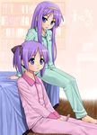  bed blue_eyes blush cellphone hiiragi_kagami hiiragi_tsukasa lucky_star pajamas phone purple_hair pyjamas siblings twintails 