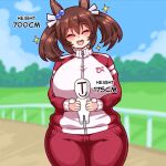  1girl 1other ^_^ animal_ears blue_sky breasts brown_hair carrying carrying_person closed_eyes cloud cloudy_sky commentary day ear_ornament giant giantess hair_bobbles hair_ornament highres hishi_akebono_(umamusume) horse_ears horse_girl horse_racing_track huge_breasts jacket open_mouth outdoors pants red_jacket red_pants seireiart size_difference sky smile sparkle sparkling_aura t-head_trainer_(umamusume) teeth tracen_training_uniform track_jacket track_pants trainer_(umamusume) twintails umamusume upper_teeth_only wide_hips 