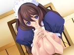  areola areolae bb breast_squeeze breasts brown_hair large_breasts long_hair maid nipples purple_eyes sitting 