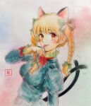  1girl animal_ears aqua_dress blush bow braid breasts cat_ears cat_girl cat_tail collar colorful_background commentary_request dress fingernails frilled_collar frills green_bow hair_bow hashtag-only_commentary highres juliet_sleeves kaenbyou_rin licking licking_hand long_hair long_sleeves looking_up medium_breasts multiple_tails one-hour_drawing_challenge orange_hair puffy_sleeves q-bee_(aaru) red_eyes red_ribbon ribbon sideways_glance solo tail touhou traditional_media twin_braids two_tails upper_body 
