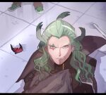  1boy angry behind_another black_coat blonde_hair broken_eyewear brown_cloak brown_pants clenched_teeth cloak coat commentary_request drop_shadow facing_viewer ghetsis_(pokemon) green_shorts hair_slicked_back hand_on_own_chest hand_under_clothes high_collar looking_up male_focus outside_border pants pokemon pokemon_bw2 red-tinted_eyewear red_eyes scar scar_across_eye scar_on_face scouter shorts teeth tinted_eyewear upper_body wavy_hair xxpavilion 