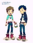  2boys belt black_hair blue_pants brown_hair commentary_request cosplay digimon digimon_tamers goggles jacket lee_jianliang looking_at_another makino_ruki makino_ruki_(cosplay) male_focus matsuda_takato multiple_boys pants red_shoes shoes simple_background smile t_k_g two-tone_shirt unworn_goggles white_background wristband 