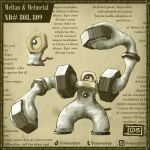  arm_up border brown_border cable character_name commentary english_commentary evolutionary_line full_body grey_background highres instagram_logo instagram_username lorem_ipsum melmetal meltan no_humans nut_(hardware) one-eyed pokedex_number pokemon pokemon_(creature) pokemon_focus simple_background swainathan tiktok_logo tiktok_username tumblr_logo tumblr_username 