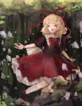  1girl 1hoshimiyabi absurdres black_shirt blonde_hair blue_eyes bow bubble_skirt flower forest frilled_skirt frilled_sleeves frills hashtag-only_commentary highres lily_of_the_valley medicine_melancholy nature open_mouth puffy_short_sleeves puffy_sleeves red_bow red_ribbon red_skirt ribbon shirt short_hair short_sleeves skirt solo touhou 