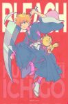  1boy arm_behind_head bleach copyright_name floating full_body hashtag-only_commentary highres holding holding_sword holding_weapon japanese_clothes kon_(bleach) kurosaki_ichigo male_focus orange_eyes orange_hair red_background sanam_1piece sandals shihakusho short_hair socks stuffed_animal stuffed_lion stuffed_toy sword tabi weapon white_socks wide_sleeves 