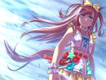 1girl agnes_digital_(full-color_fangirling)_(umamusume) agnes_digital_(umamusume) animal_ears bead_necklace beads belt blue_eyes blush bow breasts brown_hair closed_mouth collarbone commentary_request frown hair_bow horse_ears horse_girl horse_tail jewelry long_hair midriff multicolored_skirt navel necklace peeta pink_hair red_belt shirt single_wrist_cuff skirt sleeveless small_breasts solo star_(symbol) tail textless_version two_side_up umamusume wrist_cuffs yellow_bow 
