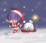  ahoge chibi christmas hair_over_eyes hat kasuga_yukihito long_sleeves mahou_sensei_negima! miyazaki_nodoka purple_hair santa_costume santa_hat sled snow solo toboggan walking 