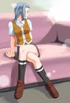  blue_hair couch crossed_legs full_body miyu_greer my-hime plantar_flexion school_uniform sitting skirt socks solo umekichi 
