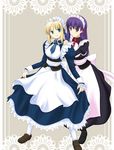  ahoge artoria_pendragon_(all) back_bow bad_id bad_source blonde_hair bow fate/stay_night fate_(series) green_eyes hands_on_shoulders long_hair long_sleeves looking_at_viewer maid maid_headdress matou_sakura multiple_girls necktie pantyhose purple_eyes purple_hair ryp saber source_request underbust 